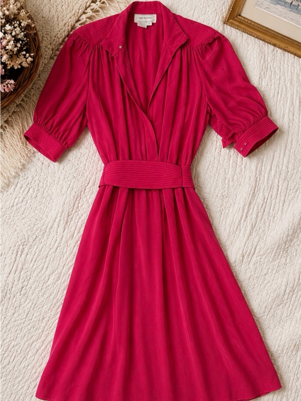 Vintage 100% Silk Fuchsia Midi Dress Shoulder Pads Belted 80s